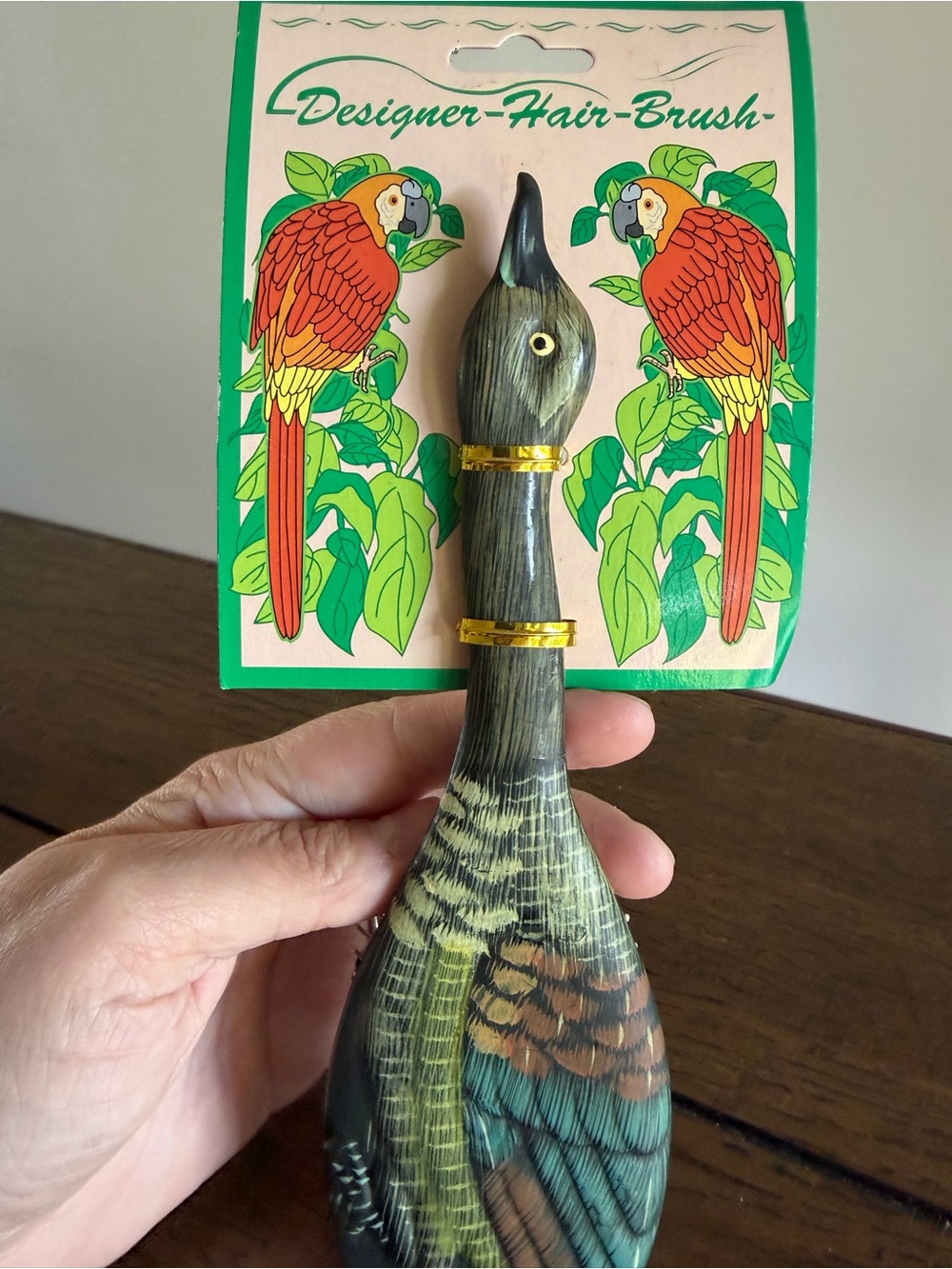 Wild! Lacquer Painted Parrot and Duck Designer Hairbrush NEW Vintage - Picture 3 of 6
